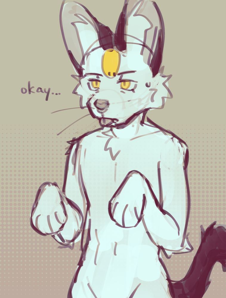 thigh up of lex. they have a pensive look, tongue sticking out, and a bead of sweat on their head. forearms bent up, paws hanging down loosely. text reads "okay..."