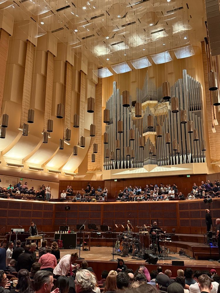 “Concert hall interior with large pipe organ, suspended acoustic panels on ceiling, and audience members seated in tiered seating awaiting performance”​​​​​​​​​​