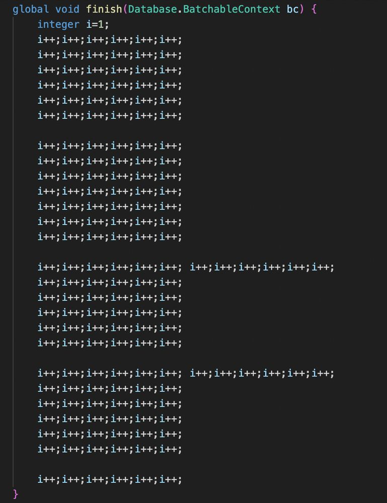 A block of code containing nothing but the definition of an Integer variable and repeating lines of i++.