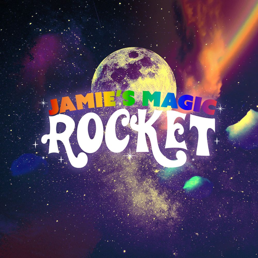 A magical space scene with a glowing moon and rainbow.