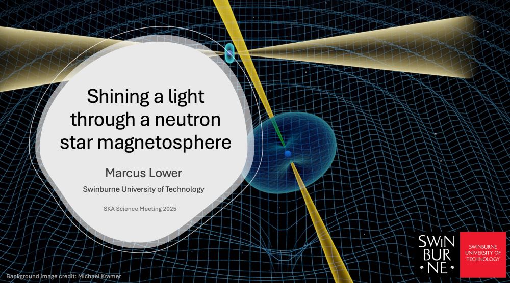 Title slide for a presentation. Background shows two pulsars surrounded by donut-shaped magnetic fields with beams of light emanating from above their magnetic poles. A distorted grid with ripples radiating away from the pulsars is shown behind them. Title text says “Shining a light through a neutron star magnetosphere”.
