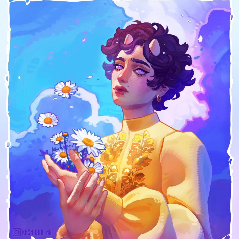 A person with horns in white vyshyvanka holding  chamomile  flowers