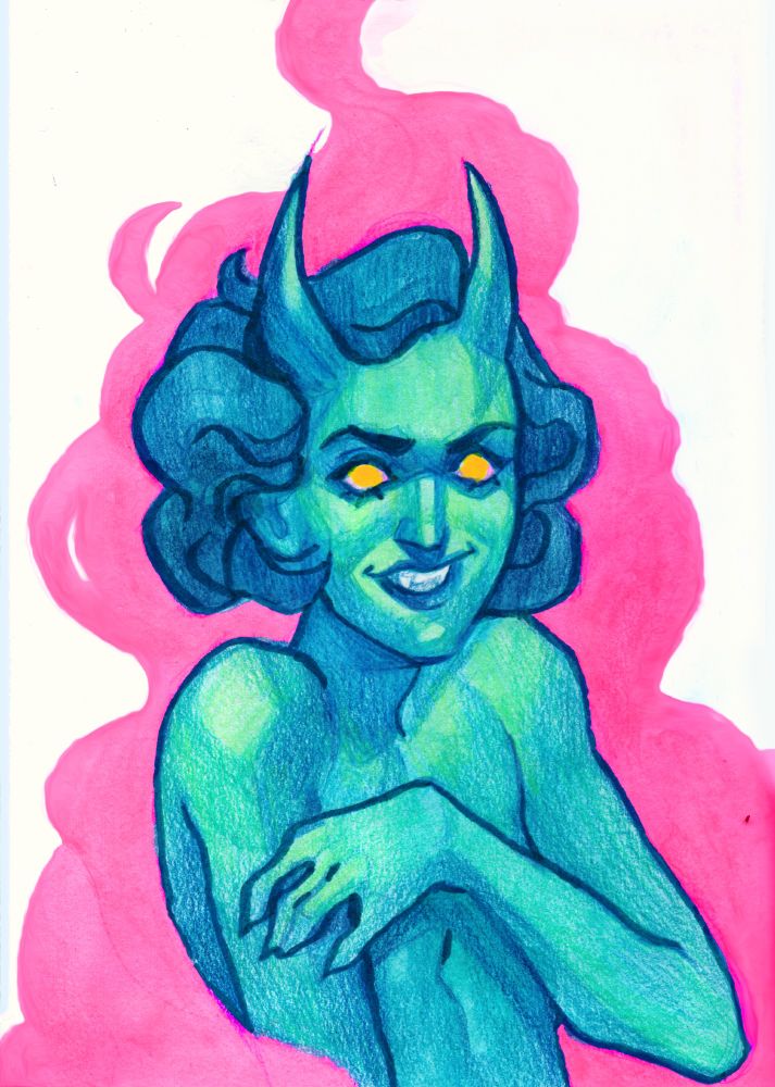 turquoise demon on brignt pink smoke shaped background