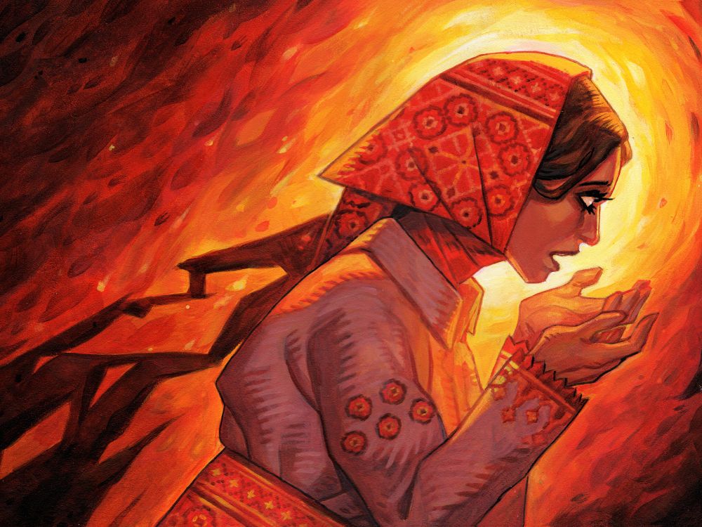 Acrylic painting of a woman in a ornate scarf with terrified expression on her face.