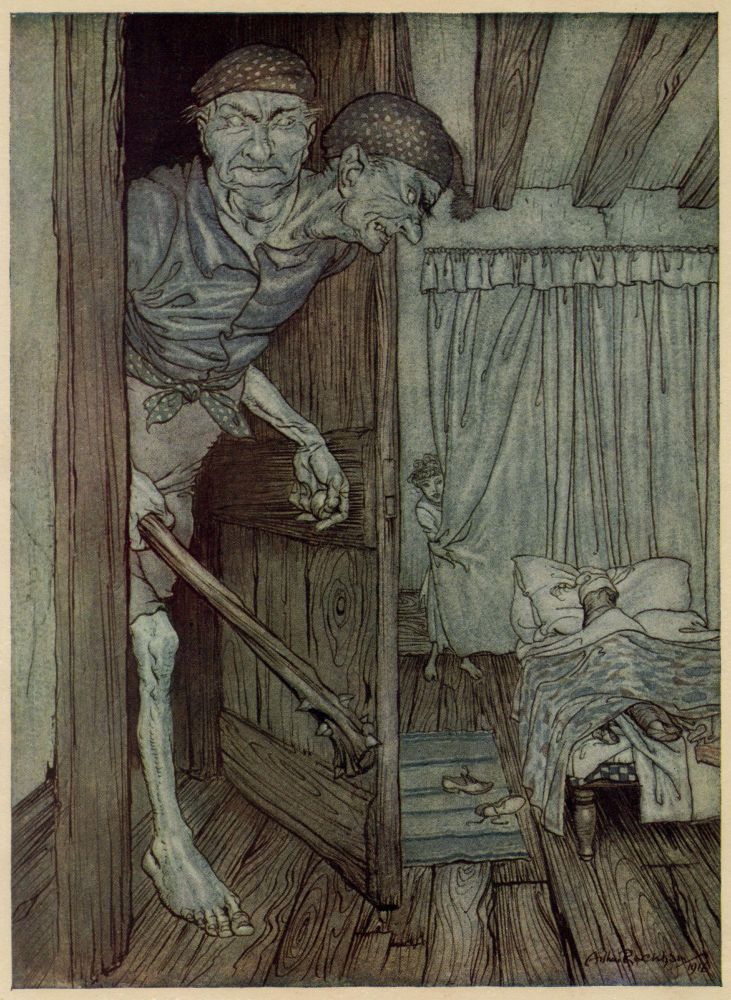 Arthur Rackham fairy tale drawing showing a two headed ogre with a club sneaking into a girl's rooom who has dressed up a log as herself, assumedly to distract the ogre