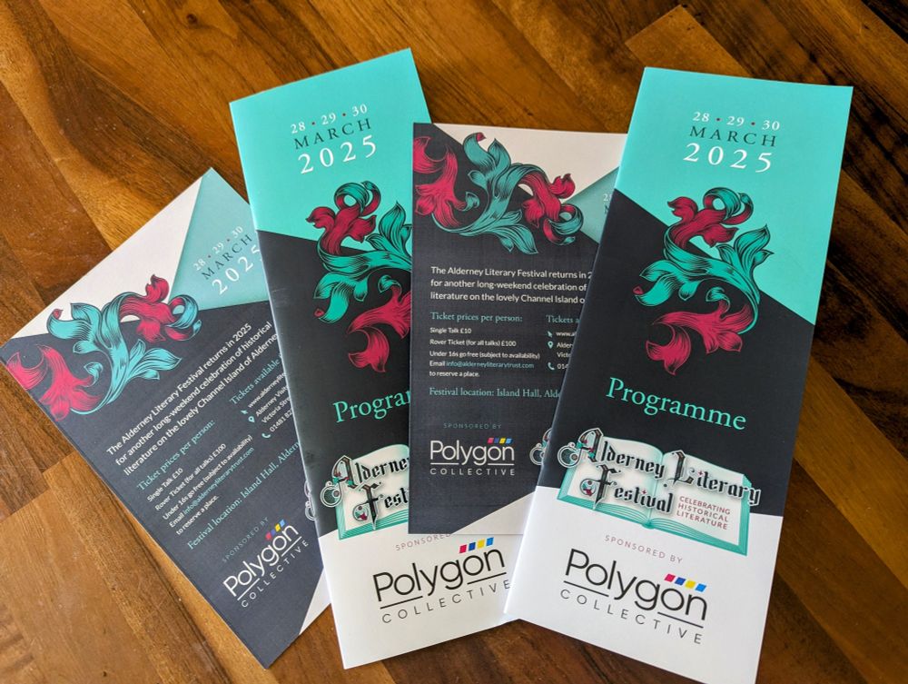 Programmes and flyers for the Alderney Literary Festival with the Festival sponsor logo of Polygon Collective.
