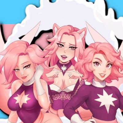 All three versions of Suki srtanding in front of the transgender pride flag. Kitsune form is in the center, Bimbo on the left and Base Suki on the right