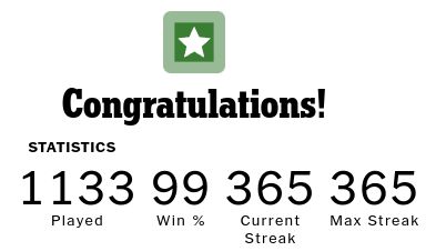 Screenshot Wordle stats screen showing current streak as 365