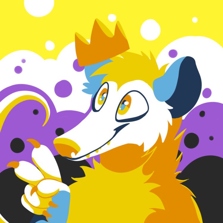 My possum sona Sylvester in the colors of the aroace flag, smiling and holding up two fingers in a peace sign. The background behind him is the nonbinary flag, but it’s wavy and has fun little bubbles.