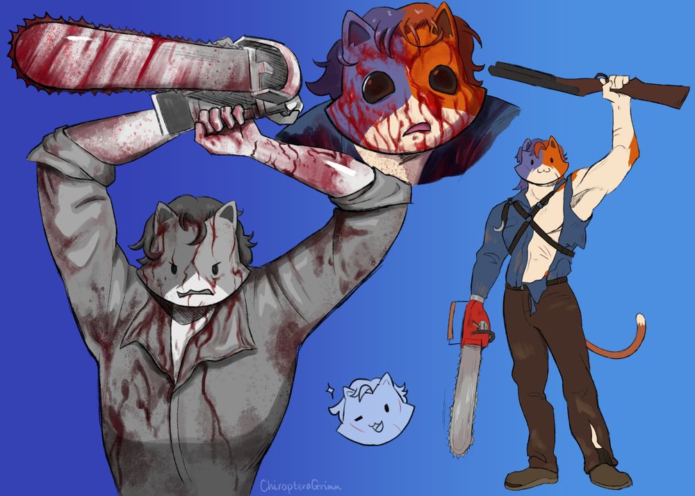 Meowscles in 3 poses, based off photos/posters of Ash Williams, from the Evil Dead series! The left pose is based off a promo poster for Evil Dead 1. The top pose is based off a shot from Evil Dead 1 (where he looks all pretty and bloody). The right pose is based off a promo photo for Evil Dead 2 and mixed with Ash's Fortnite model