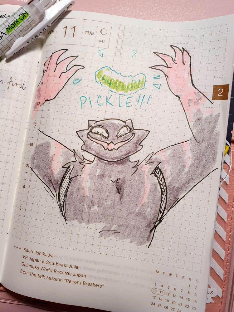 doodle of Phantom Meowscles happy with a pickle above him and the word PICKLE!!!