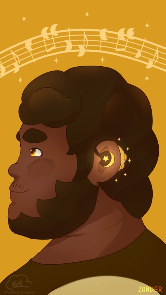 Side view portrait of my character Zander wearing a hearing aid. While he was not written to have hearing loss, I felt like drawing it because I do ✨️