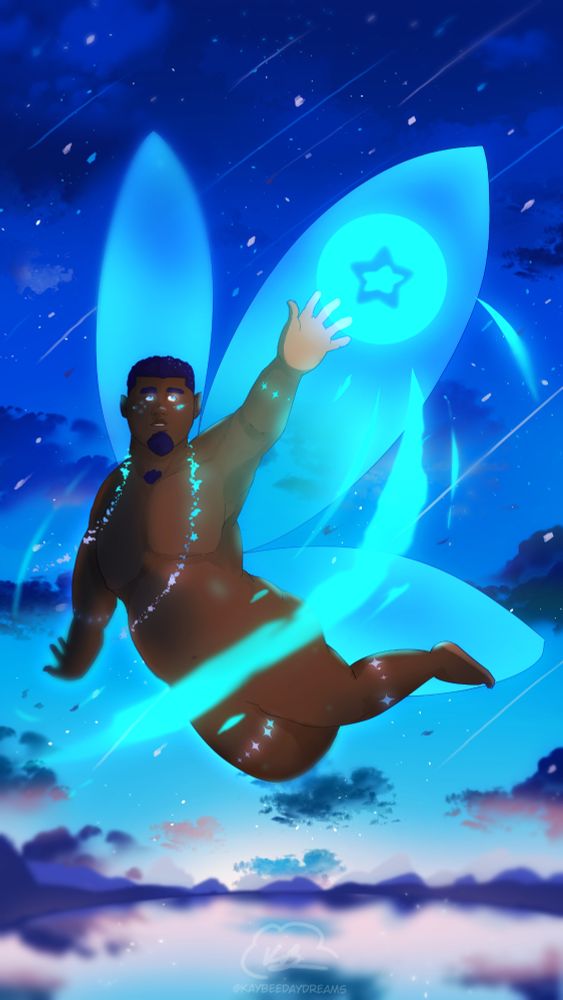 Drawing of a fairy(?) in front of a bright night sky