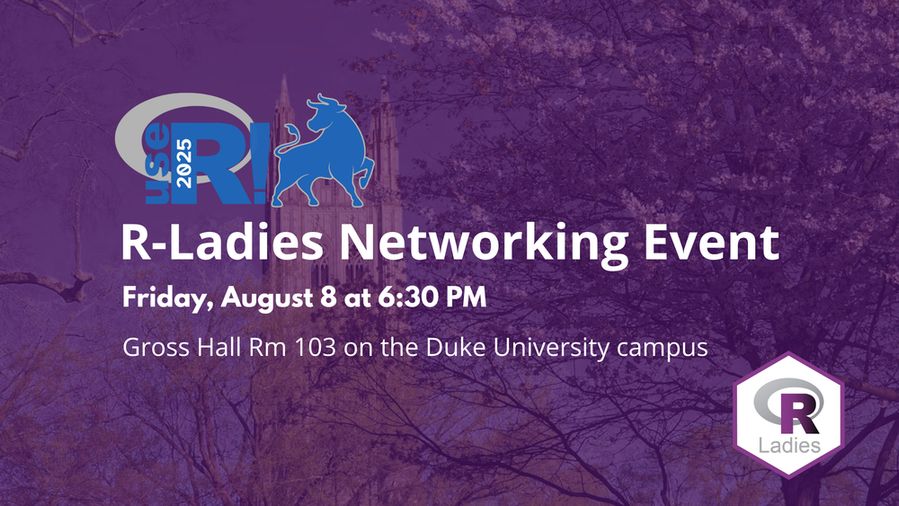 Promotional banner for the R-Ladies Networking Event at useR! 2025. The event is scheduled for Friday, August 8 at 6:30 PM in Gross Hall Room 103 on the Duke University campus. The image features the useR! 2025 logo with a blue bull, the R-Ladies hex sticker, and a purple background showing tree branches and Duke Chapel in the distance.