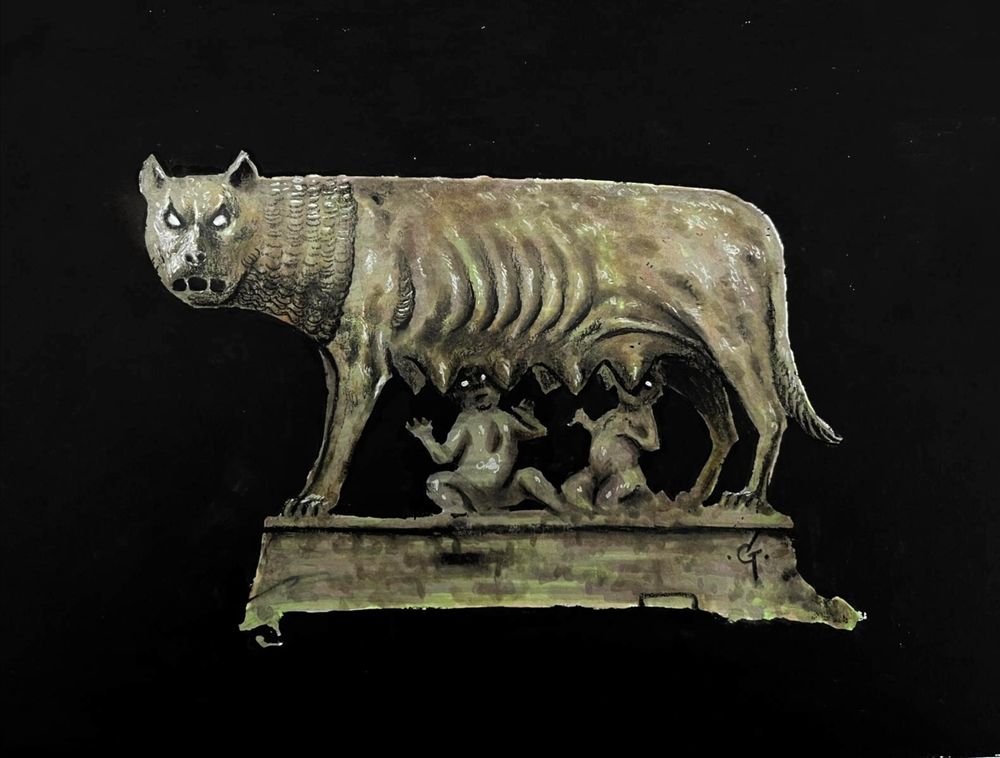 A drawing of a statue of the she-wolf suckling Romulus and Remus but all three are looking at the viewer with empty white eyes.