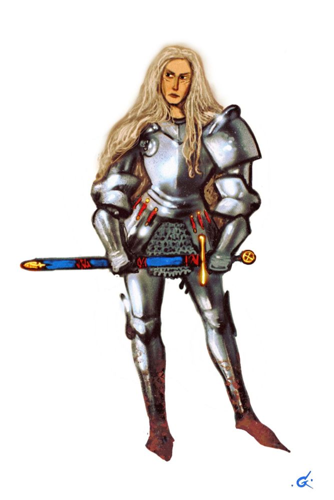 Ash, from Mary Gentle's Ash: A Secret History. She is a white-haired woman wearing full plate armor and holding a sword.