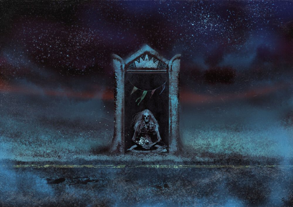 A corpse sits in an alcove next to an ancient highway.