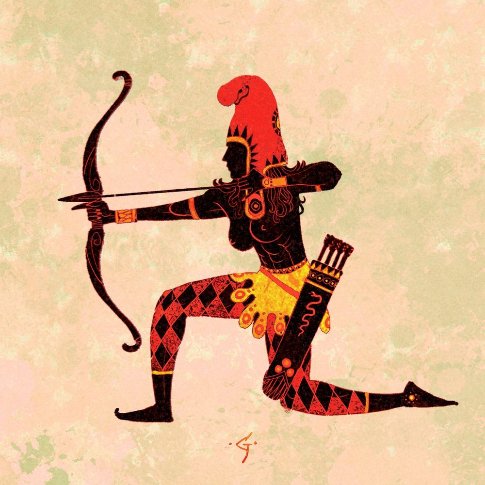 A black figure image with red and gold detailing of a kneeling Amazon nocking an arrow.