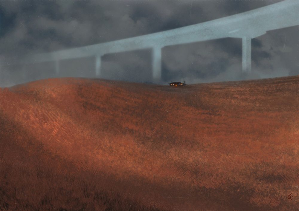 A small home, perhaps a trailer, sits on the horizon, a ghost of an overpass hanging above it. The sky is heavily overcast.