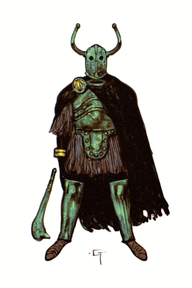 The Bronze Age Witch-king of Angmar. He is invisible but wears a huge horned helmet with eyeholes, a heavy  segmented breastplate, and a pair of shin guards, all patinad to hell and back.