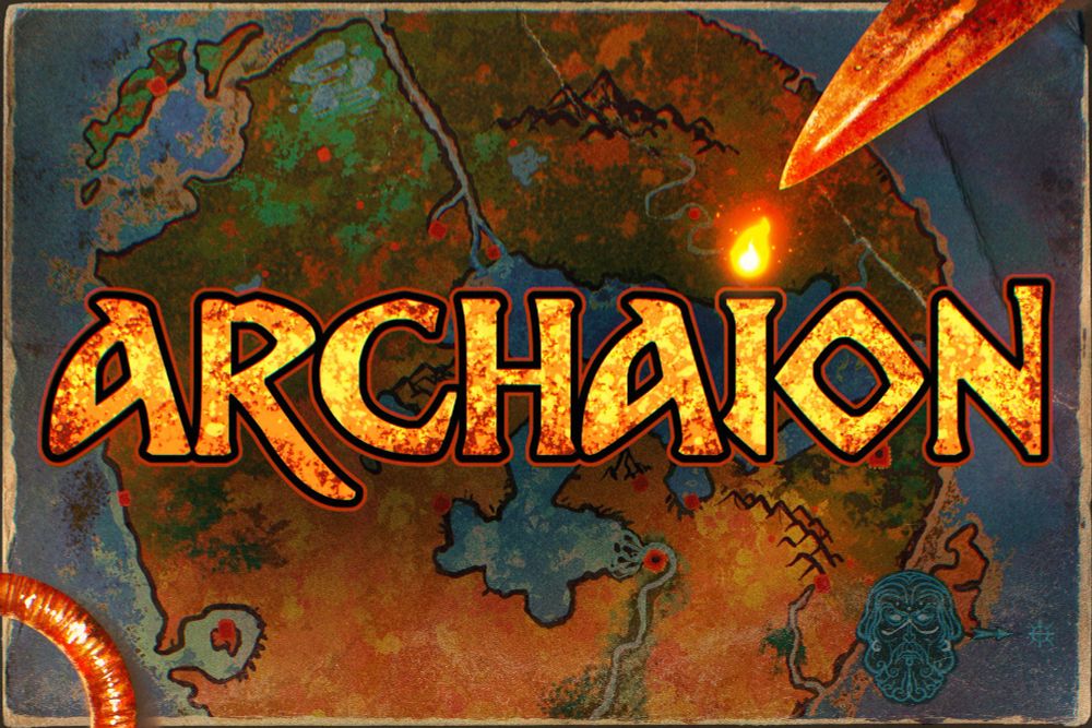 Archaion title card. Golden letters over a map surrounded by bronze objects.