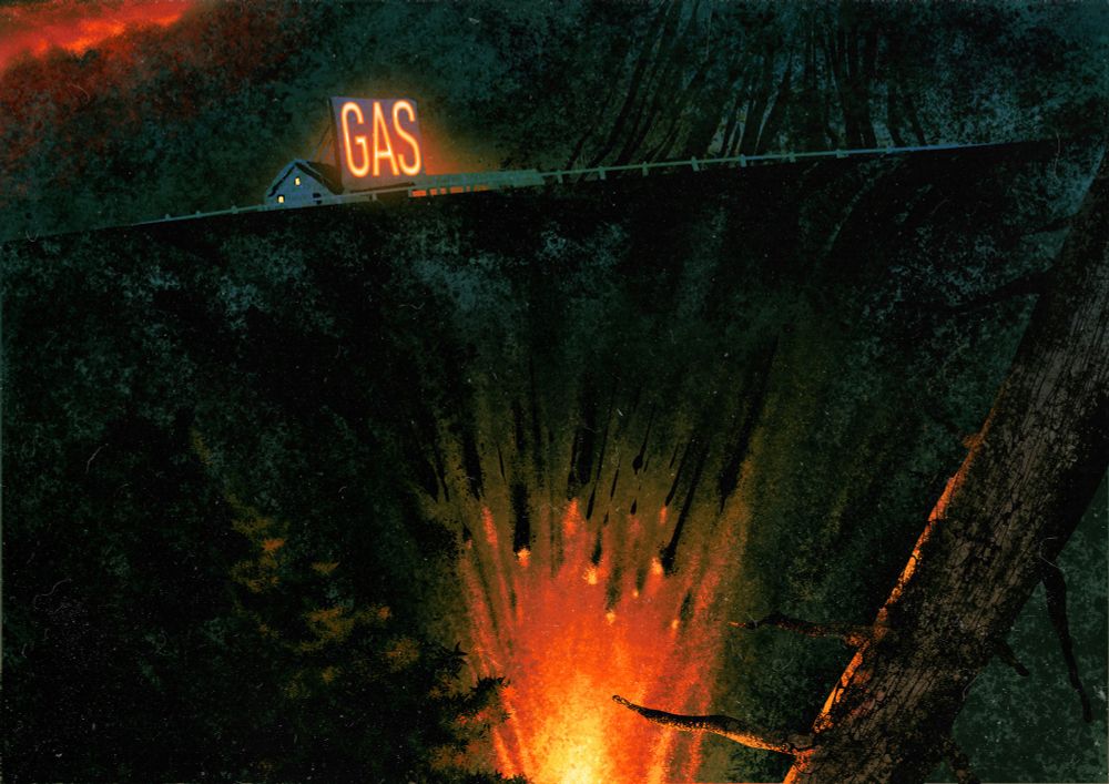 A rest stop with a huge neon sign reading "Gas" stands atop a cliff bathed in fiery light of uncertain origin.