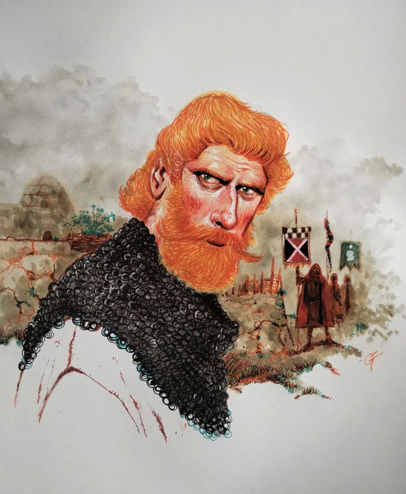 A bust of a bearded ginger knight with some bannermen in the background. They're in the ruins of an iron age settlement or something like that, I didn't really think it through.