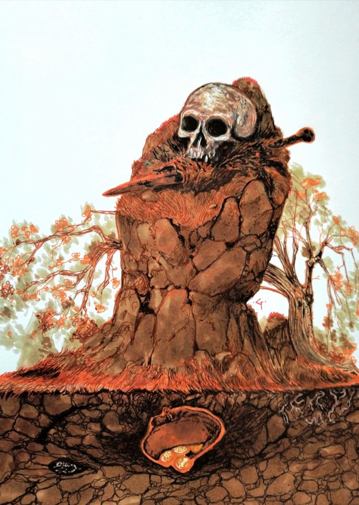 A rock with a skull and a rusty short sword on it. Buried under the rock is a bag of gold coins.