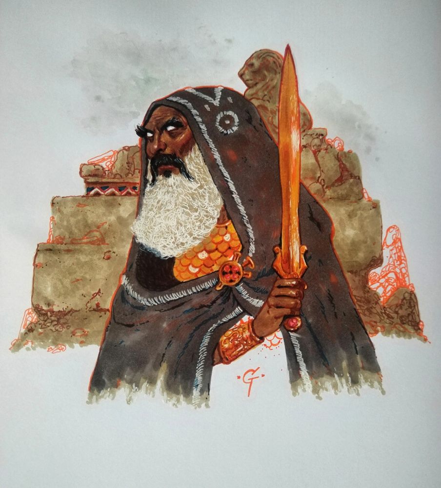 A cloaked man with a white beard wearing golden scale armor and holding a shining sword. In the background, some ruins with a stone lion on top.