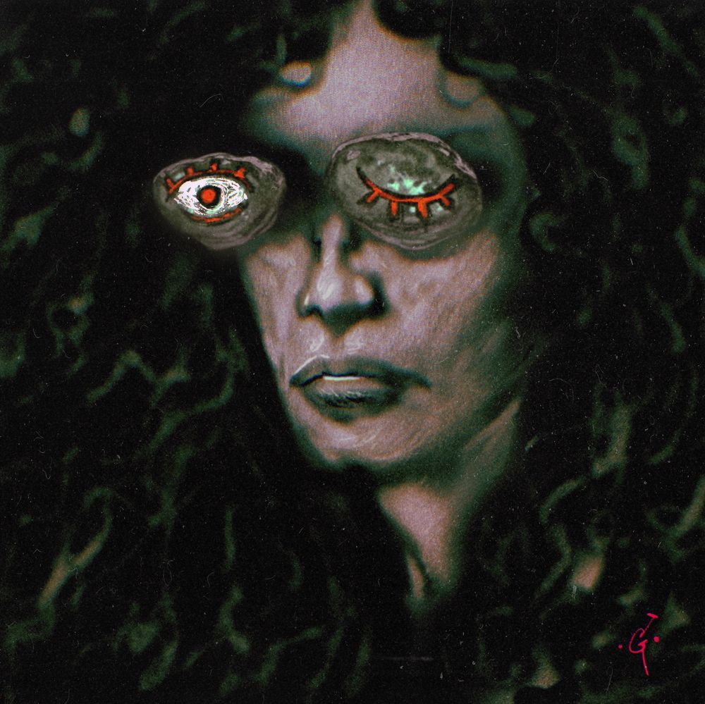 A dark, almost colorless portrait of a black-haired woman with two stones over her eyes. One of the stones bears a painted image of an open eye while the other one depicts a closed eye.