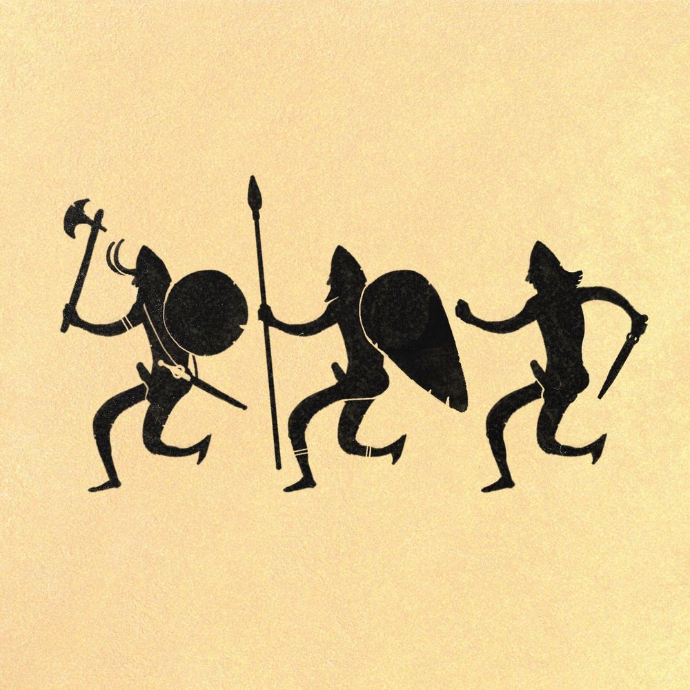 Three vikingish raiders running, all fully erect.
