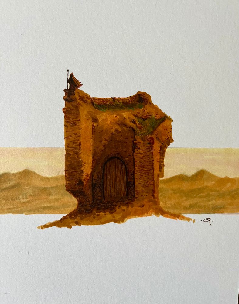 A sorcerer or some such standing on top of a bit of a ruined castle.