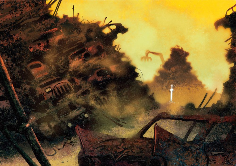 A glowing sword in the middle of a junkyard.