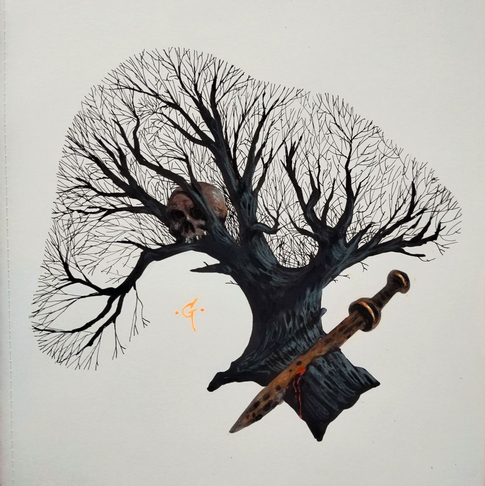 A burnt black branch with a skull nesting in it. There is a rusted out sword stuck in the thickest part of the branch, some blood trickling down from the cut.