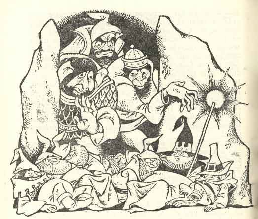 Three trolls creeping over Thorin's party.