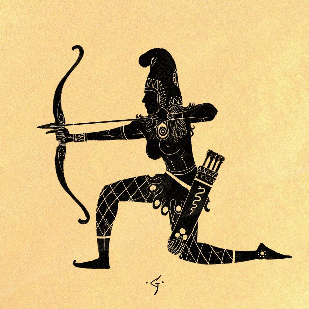 A black figure image of a kneeling Amazon nocking an arrow.