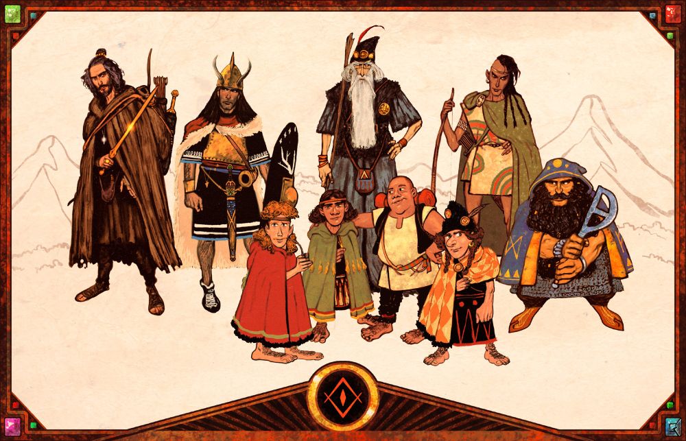 The Fellowship of the Ring in (a fantasy version of) Bronze Age getups. 