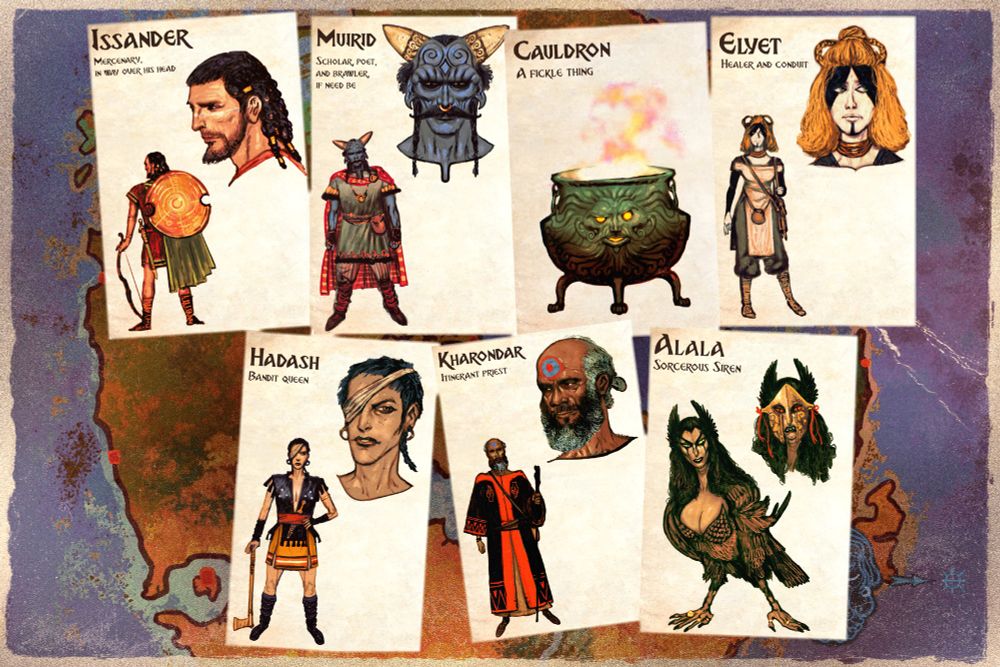 Some sketches of the principal cast of the show.

Issander, the slightly boring but developing character we start the show with (a guy with a braided mullet and a light beard carrying a peculiar looking shield)

Muirid, a scholar and a poet (huge blue guy with horns)

Cauldron, a living cauldron

Elyet, a girl with black and white geometric markings all over her body

Hadash, a one-eyed bandit queen

Kharondar, an old and unkempt itinerant priest

Alala, a siren with one malformed wing