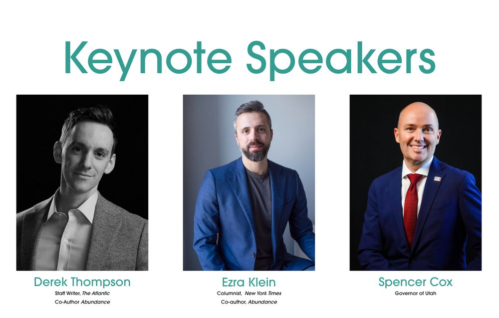 Keynote speakers at Abundance 2025 including Derek Thompson, Ezra Klein, and Gov. Spencer Cox of Utah. 