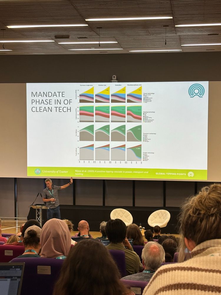 Tim Lenton on stage in a full lecture hall gesturing to a slide that says: MANDATE PHASE IN OF CLEAN TECH
University of Exeter
Nisse et al. (2025) A positive tipping coscode in power, transport and heating
GLOBAL TIPPING POINTS