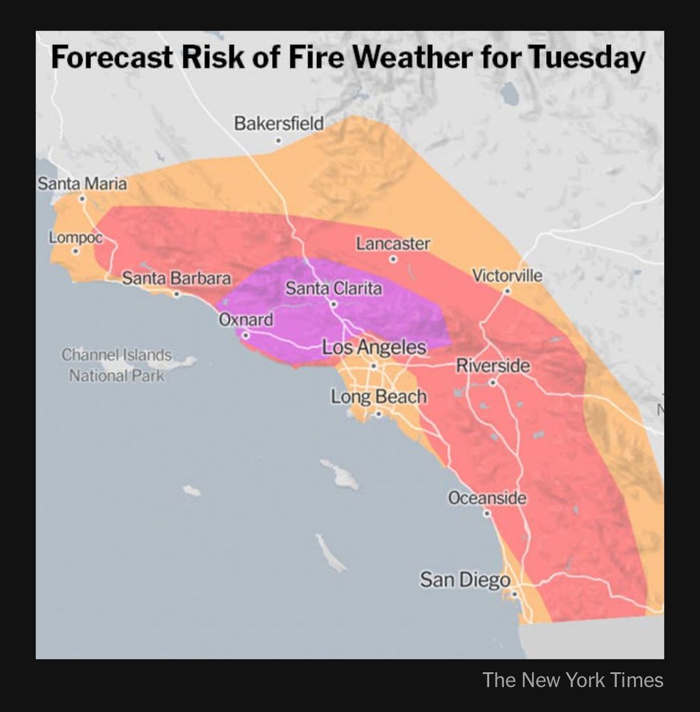 a map of Southern California showing an elevated risk of fire from north of Santa Barbara, east to Bakersfield, and south all the way to San Diego 