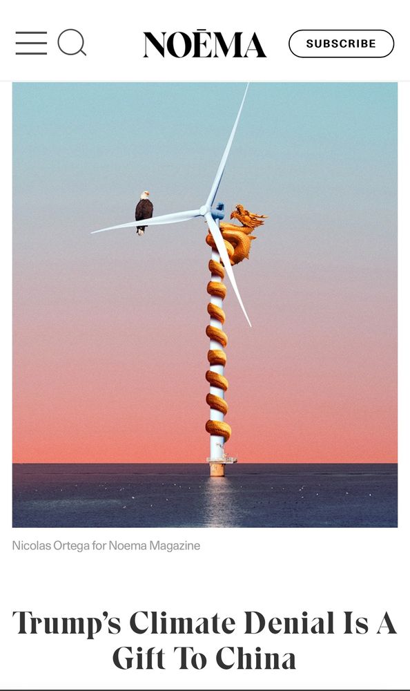 A drawing of a wind turbine with a bald eagle perched on one blade and a Chinese dragon snaking up the column. Title: Trump's Climate Denial is a gift to China