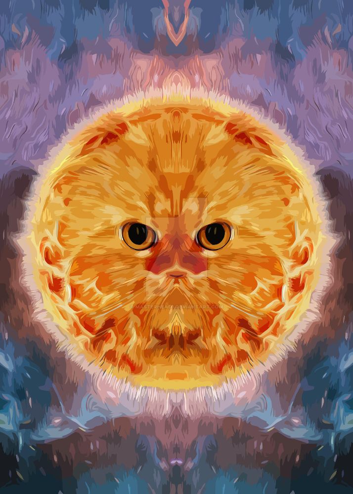 Art piece "Cat planet sun" by MasterHead1 on deviant art, a colorful bright orange cat-like sun.