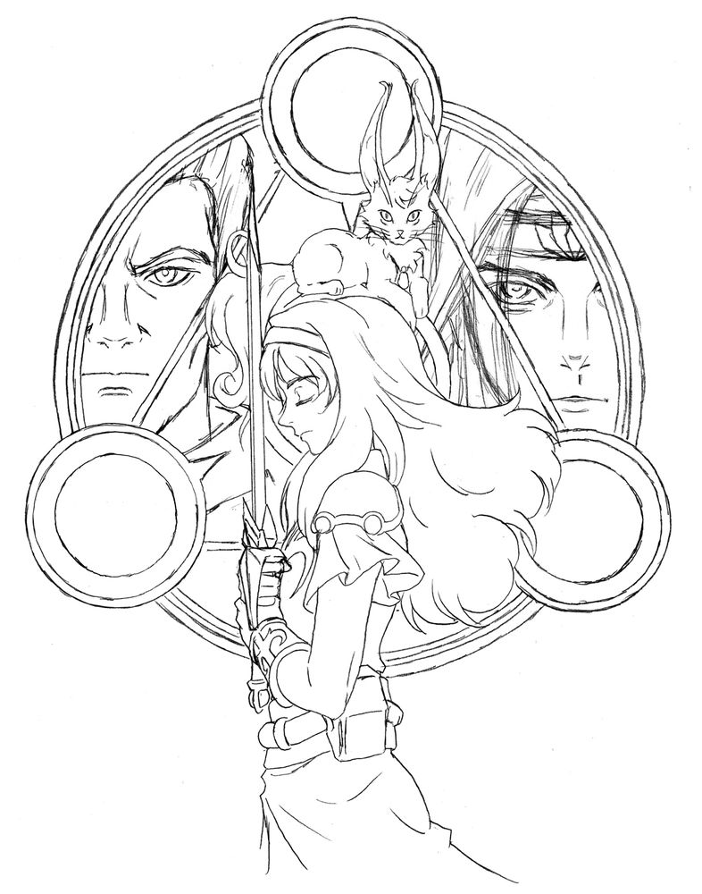 A female knight stands at left profile, holding a sword blade-up close to her chest, her head resting against it in solemn pledge. A circular glyph consisting of 3 planetoids spaced evenly apart halos behind her head. Atop the center circle rests a cat-like creature with large ears, its gaze locked on the viewer. Within the glyph are two more faces, a gruff yet gentle soldier, and an androgynous hooded mage.