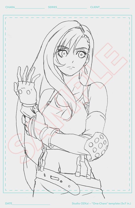 A sample image of a template sheet, outlined for 5"x7" image with a 1/8" bleed. The top area has a place for the character name, series, and client if applicable. The bottom has a space to date it.
A quick sketch of Tifa Lockhart graces the drawing area with the word "SAMPLE" boldly overlaying it.