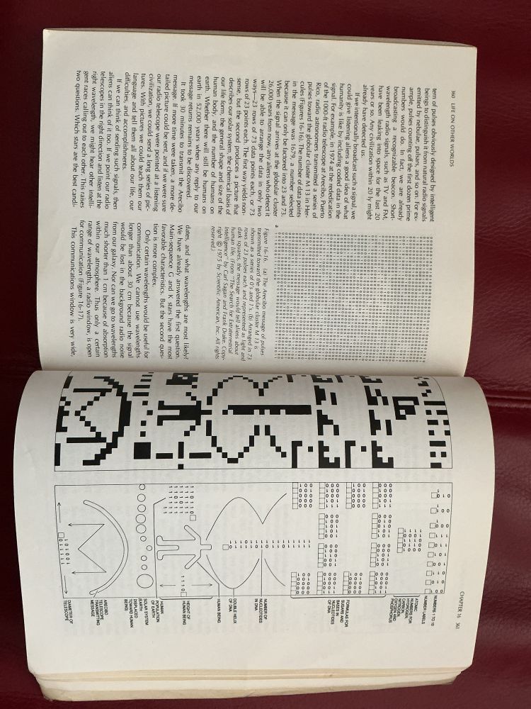 Textseiten in einem populärwissenschaftlichen Buch über die 1974 vom Arecibo-Teleskop gesendete Botschaft an außerirdisches Leben. Zum Glück scheinen wir uninteressant.