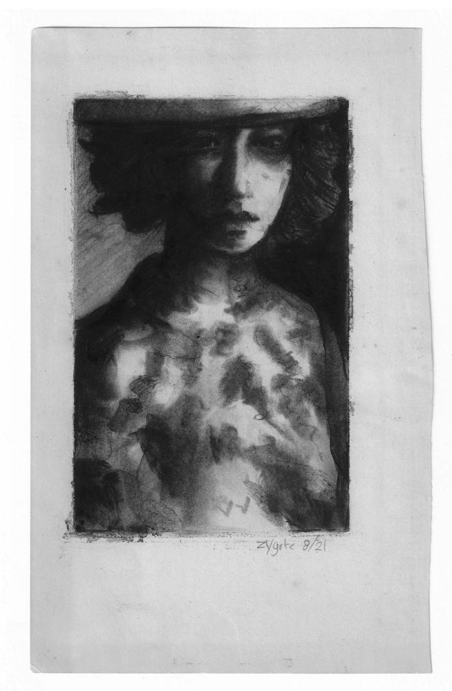 Charcoal wash drawing on flyleaf paper, salvaged from a vintage library volume.