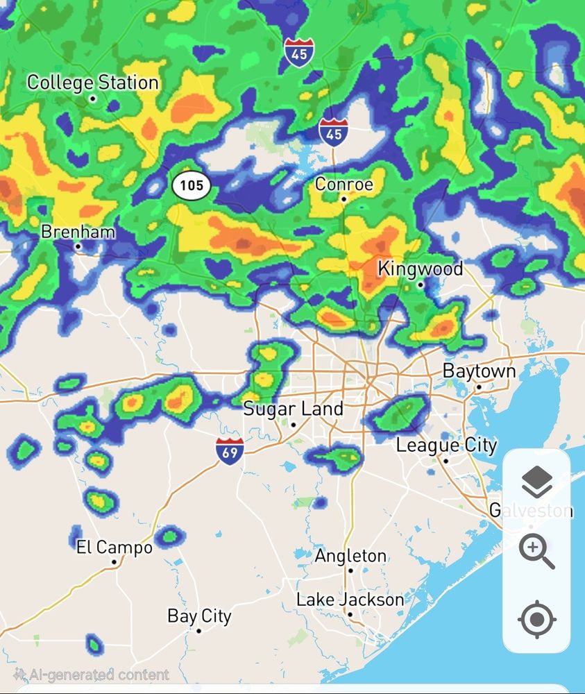Orange yellow and green storm covering most of the map north of houston.