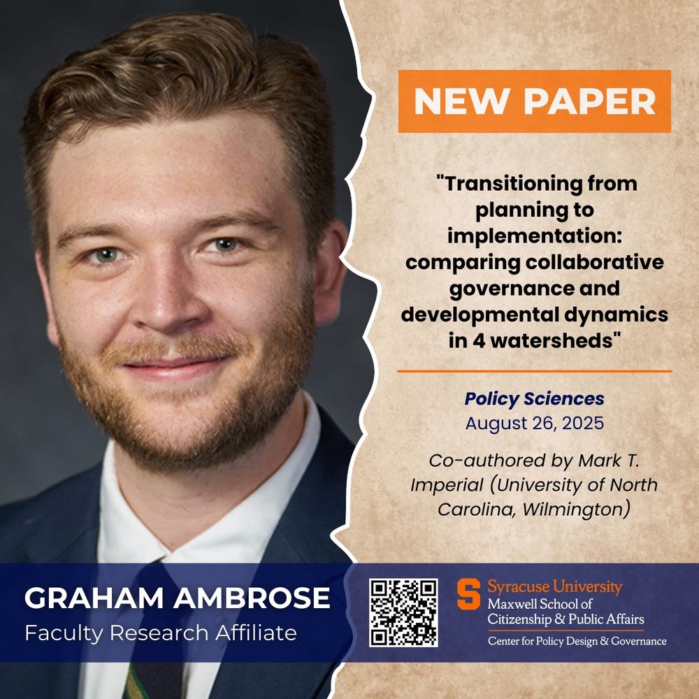 NEW PAPER

“Transitioning from planning to implementation: comparing collaborative governance and developmental dynamics in 4 watersheds”
Policy Sciences
August 26, 2025

Co-authored by Mark T. Imperial (University of North Carolina, Wilmington)

There is a photograph of Graham Ambrose, Faculty Research Affiliate, along with a CPDG logo and a QR code to the publication: https://doi.org/10.1007/s11077-025-09583-8. The color scheme is blue, orange, beige, white, and black.