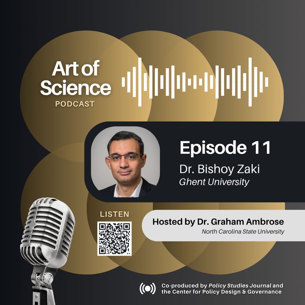 Art of Science Podcast

Episode 11
Dr. Bishoy Zaki
Ghent University

Hosted by Dr. Graham Ambrose
North Carolina State University

Co-produced by Policy Studies Journal and the Center for Policy Design & Governance

There is a photograph of Bishoy Zaki and a microphone. There is also a QR code linking to the episode. The color scheme is white, grey, black, and yellow.